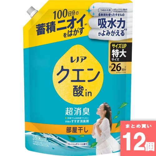 [まとめ買い]【12個セット】レノアクエン酸in超消臭 部屋干し フレッシュグリーンの香り つめかえ用特大サイズ 730ml